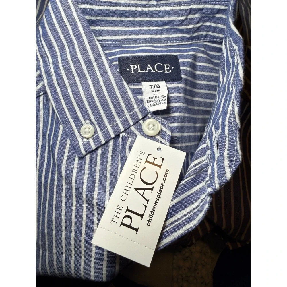 The Childrens Place Boys Blue White Striped Short Sleeve‎ Button Down Shirt 7/8